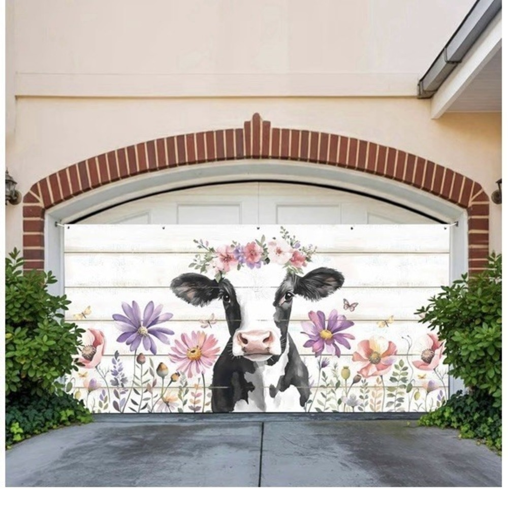 Garage Door Banner 16ftx7ft ‎ Cows Butterfly Farm Theme Backdrop Summer Floral